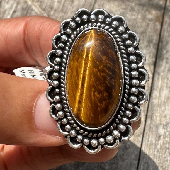 Real Tiger Eye Ring Genuine Gemstone Ornate 1.25 Inch Setting Ring Size 8 - Picture 7 of 8